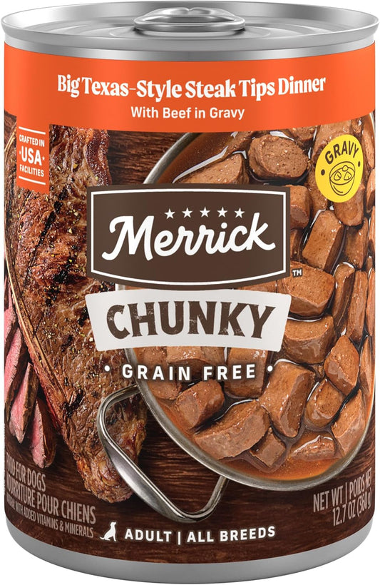 Merrick Chunky Grain Free Premium And Wholesome Canned Dog Food, Real Meat Big Texas Steak Tips Dinner - (Pack of 12) 12 ct. Cans