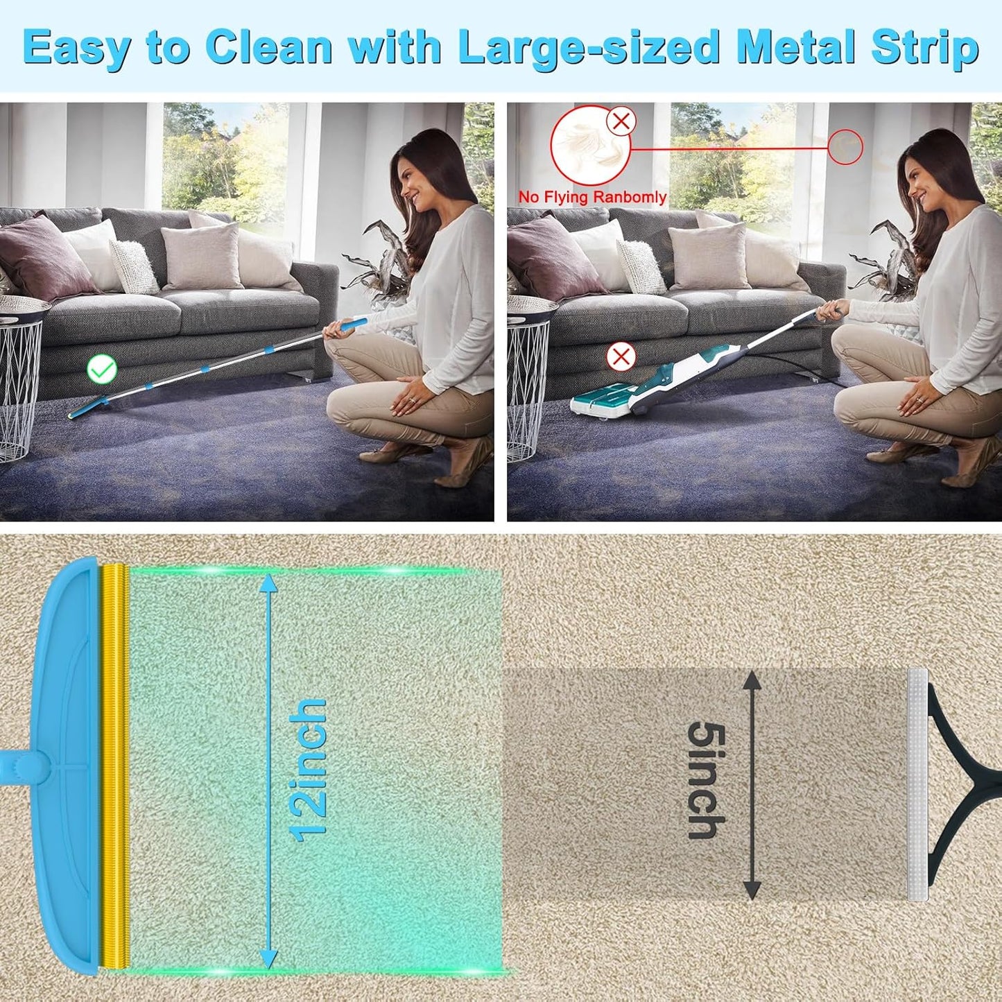 Carpet Rake for Dog Hair Remover: 2 in 1 Reusable Pet Hair Remover – 60‘’ Adjustable Long Handle Carpet Removal Tool for Dog Cat Human Hair – Carpet Scrape Cleaning for Rug Couch Bed