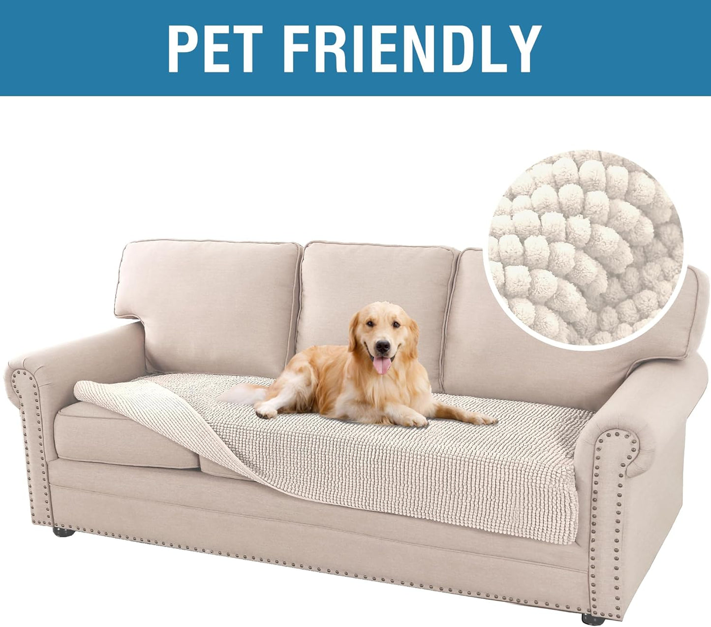 H.VERSAILTEX Plush Chenille Dog Bed Cover Thick Soft Sofa Cover for 3 Cushion Couch Anti Slip Couch Cover Furniture Protector for Dog, Pet, Cat (35" x 74", Ivory)