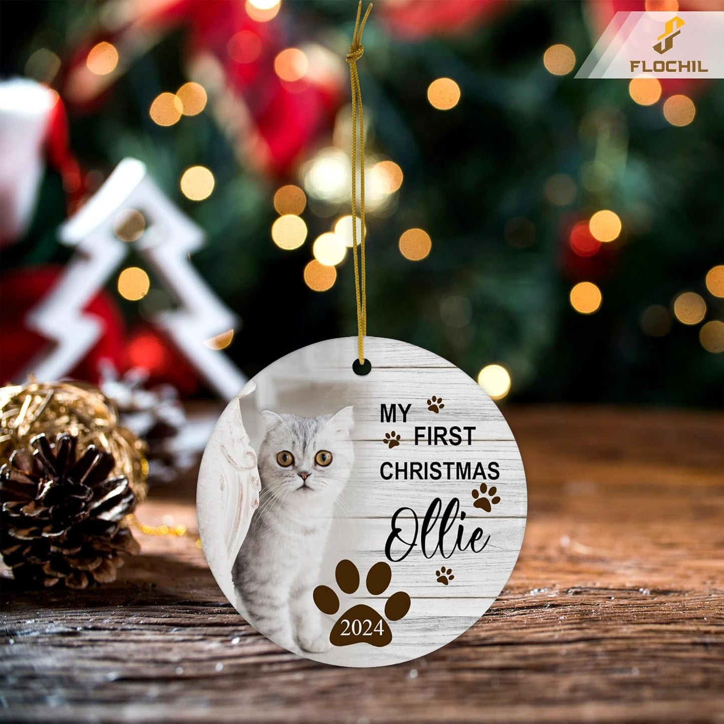 FLOCHIL Personalized Cat Christmas Ornaments Custom Photo Name for Christmas Trees, Cat First Christmas Ornaments, Gifts for Pet Lovers