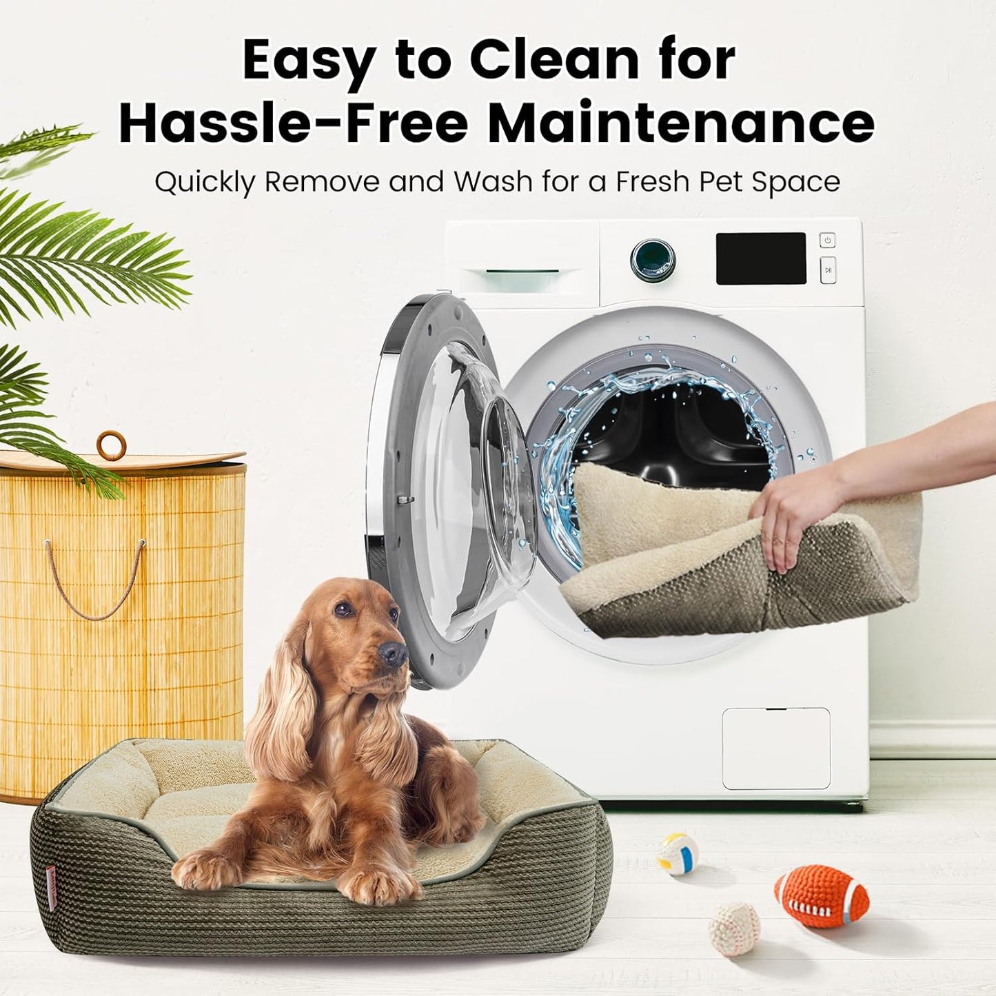 Miguel Dog Bed with Removable Cushion/Pillow for Medium Small Dogs, Washable Pet Bed with Side Easy to Wash Puppy Bed, Large Rectangle Cat Bed for Indoor Cat with Anti-Slip Bottom, Khaki 25 Inch