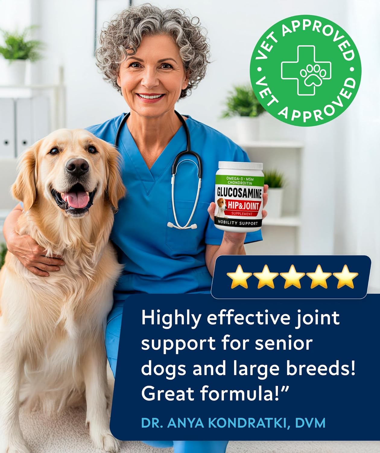 Glucosamine Treats for Dogs - Joint Supplement w/Omega-3 Fish Oil - Chondroitin, MSM - Advanced Mobility Chews - Joint Pain Relief - Hip & Joint Care - Peanut Butter Flavor - 180 Ct - Made in USA