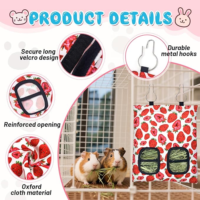 3 Pcs Rabbit Hay Feeder, 2-Hole Hanging Guinea Pig Hay Bags Washable Bunny Hay Bag for Rabbits, Chinchillas, Hamsters, Small Pets and Animals (11.8"×8.7")