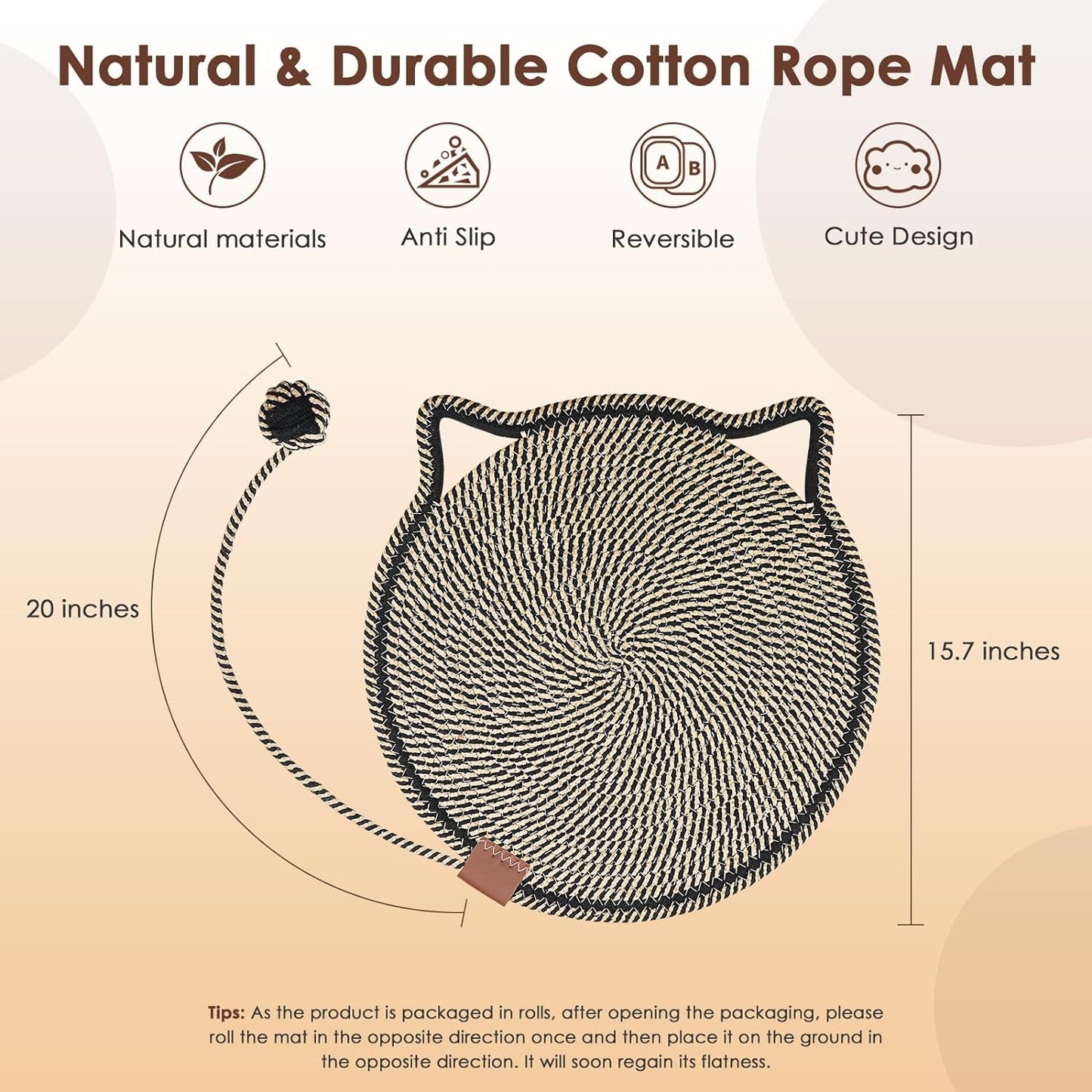 Cat Scratcher Mat, Natural Cotton Rope Cat Scratch Pad, 15.7'' Round Horizontal Floor Cat Scratching Pads for Indoor Cats, Cat Furniture Protector for Wall, Couch, Carpets, Sofas