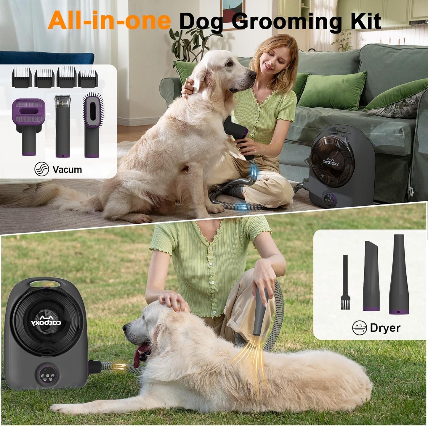 Dog Grooming Vacuum and Pet Dryer, 5-in-1 Dog Vacuum Grooming Kit for Shedding, Low Noise Doggie Hair Blow Dryer, 2.5L Canister for Cat Vacuum Groomer, Portable Pet Trimmers for Dogs, Purple
