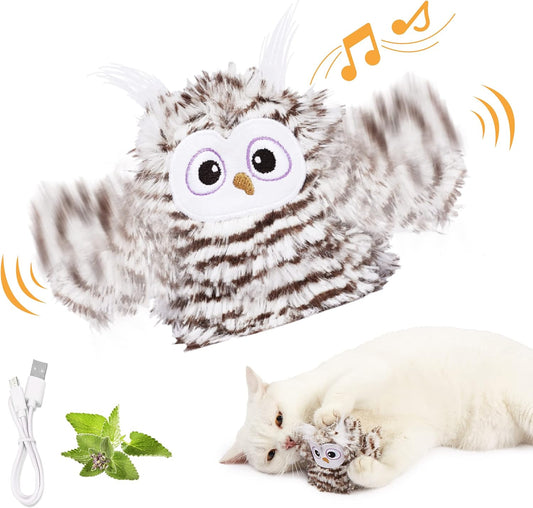 Interactive Cat Toy Rechargeable Automatic Chirping Owl Kitten Toy with Catnip, Auto Beating Wings Flying Bird Cat Toys for Indoor Cats to Play Alone, Never Boredom