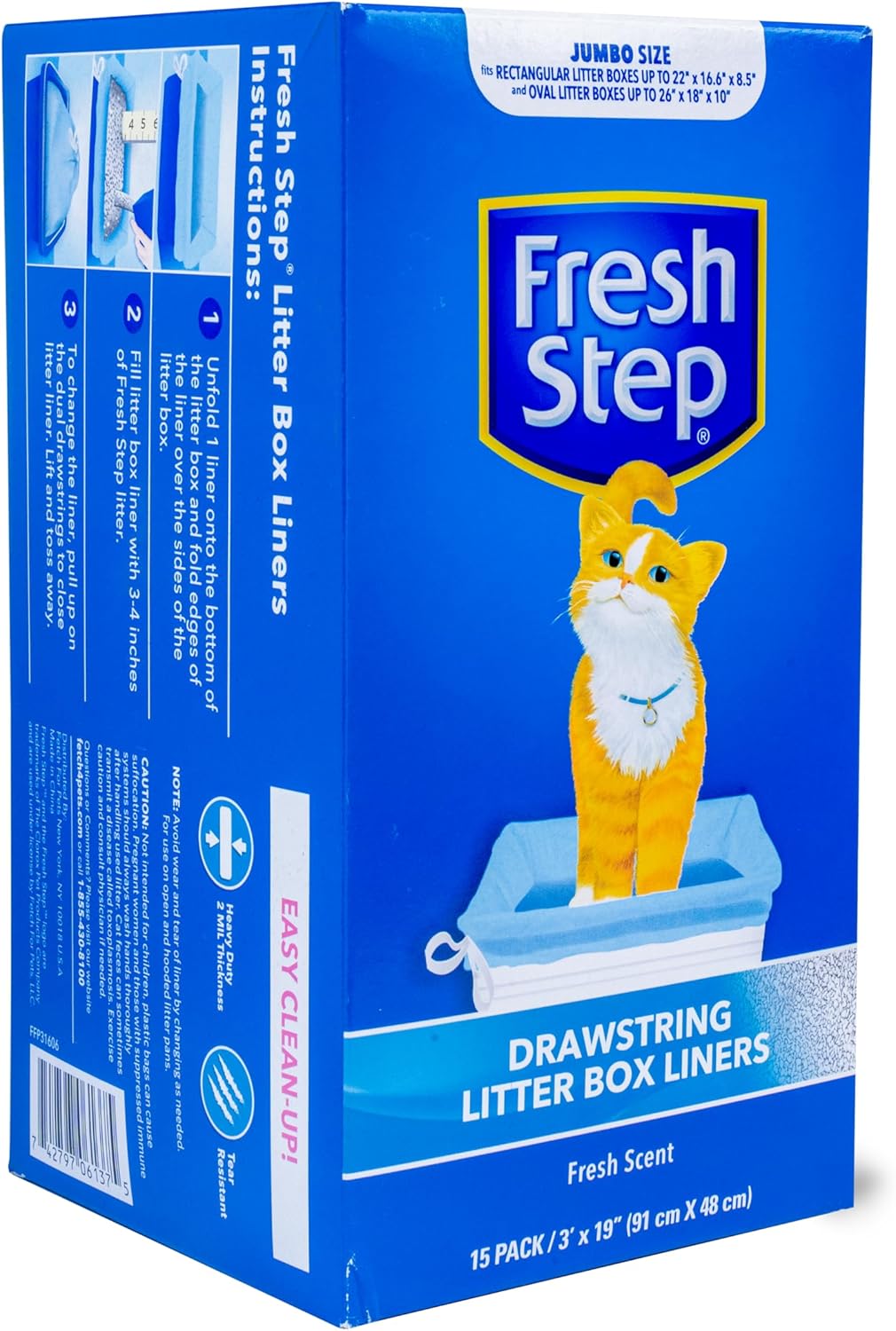 Fresh Step Drawstring Cat Litter Box Liners, Fresh Scent - Kitty Litter Bags for Rectangle or Oval Large Litterboxes, Size Jumbo, 36" x 19" - 15 Count - 12 Count