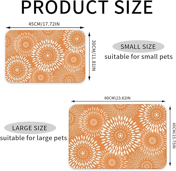 Quick-Dry Absorbent Dog Food Mat 12x18 Inch Retro Modern Geometric Aesthetic Non-Slip Pet Cat Feeding Mat with Waterproof Backing Training Mat for Pets（Orange）