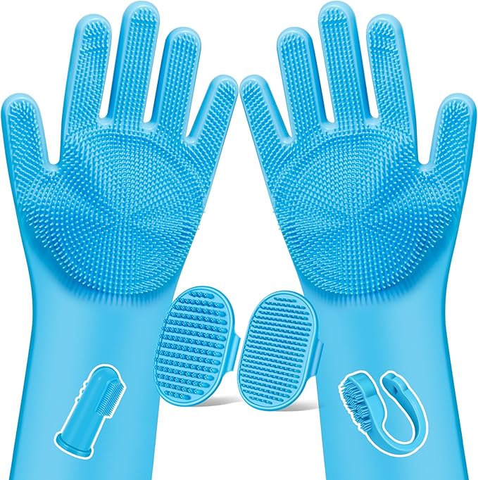 6PCS Pet Grooming Kit for Dogs,Cats and Horses | Dog Washing Gloves | Dog Bath Brush | Dog Bath Gloves | Dog Shampoo Brush | Pet Grooming Gloves | Dog Bath Supplies (Light Blue)