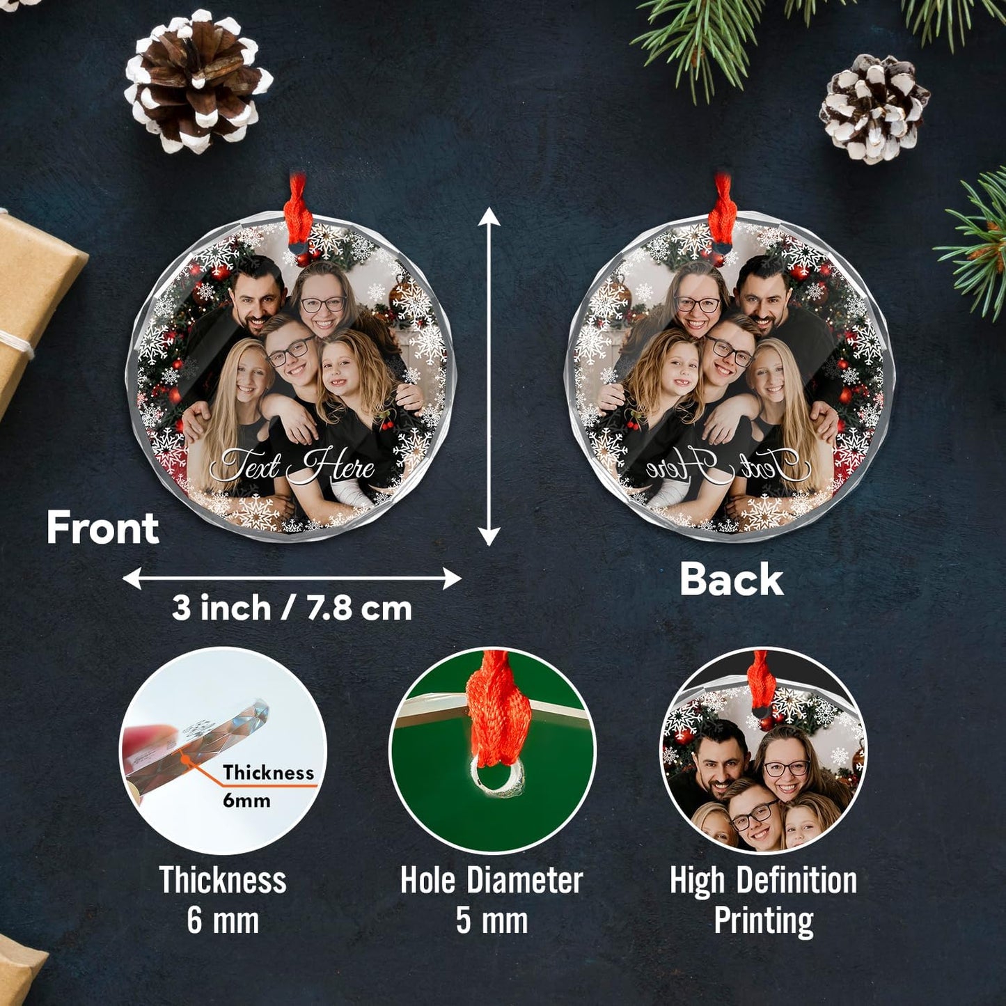 Personalized Photo Crystal Ornaments, Custom Glass Pendants with Picture, for Christmas/New Year, Fireplace Room Ornaments for Family, Personalized Decorative Hanging Ornaments