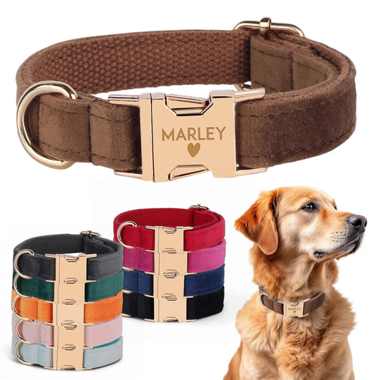 Custom Name Dog Collar, Engraved Personalized Dog Collar with Name on it and Phone Number, Quick Release Gold Metal Buckle, Poop Bag, Harness, Leash Available, Red, Black, Emerald, Pink, Luxury Soft Comfy Velvet Collar (X-Large)