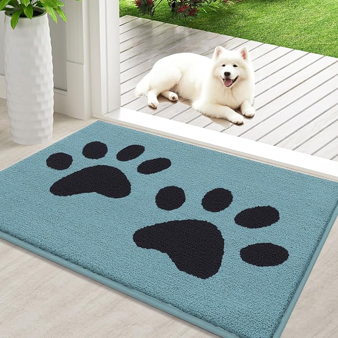 Buganda Dog Door Mat for Muddy Paws, Absorbent Dirt Trapper Washable Indoor Doormats, Non Slip Low-Profile Mud Mat for Dogs, Front Entrance Doormat for Inside Floor (36x24 Inches, Blue)