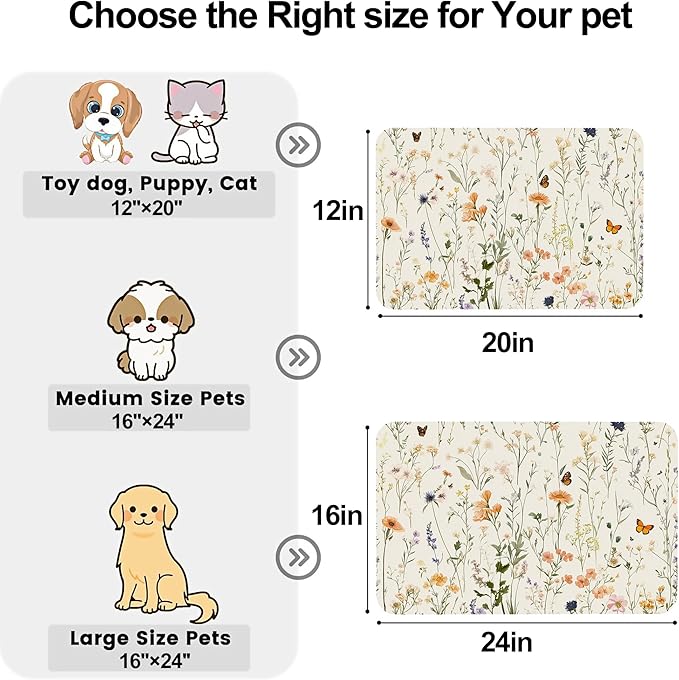 Vintage Wildflowers Herbs Pet Feeding Mat for Floors-Absorbent Dog Bowl Mat for Food and Water, Quick Dry Pet Cat Feeding Mats with Non Slip Bottom, Mess-Free Dog Accessories 16"x24"