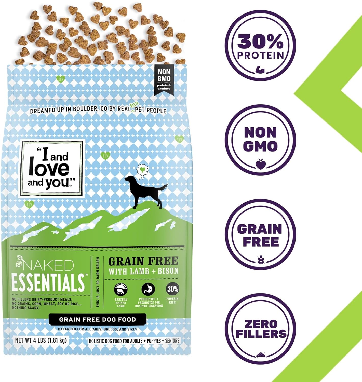 I and love and you Naked Essentials Dry Dog Food - Lamb + Bison - High Protein, Real Meat, No Fillers, Prebiotics + Probiotics, 4lb Bag