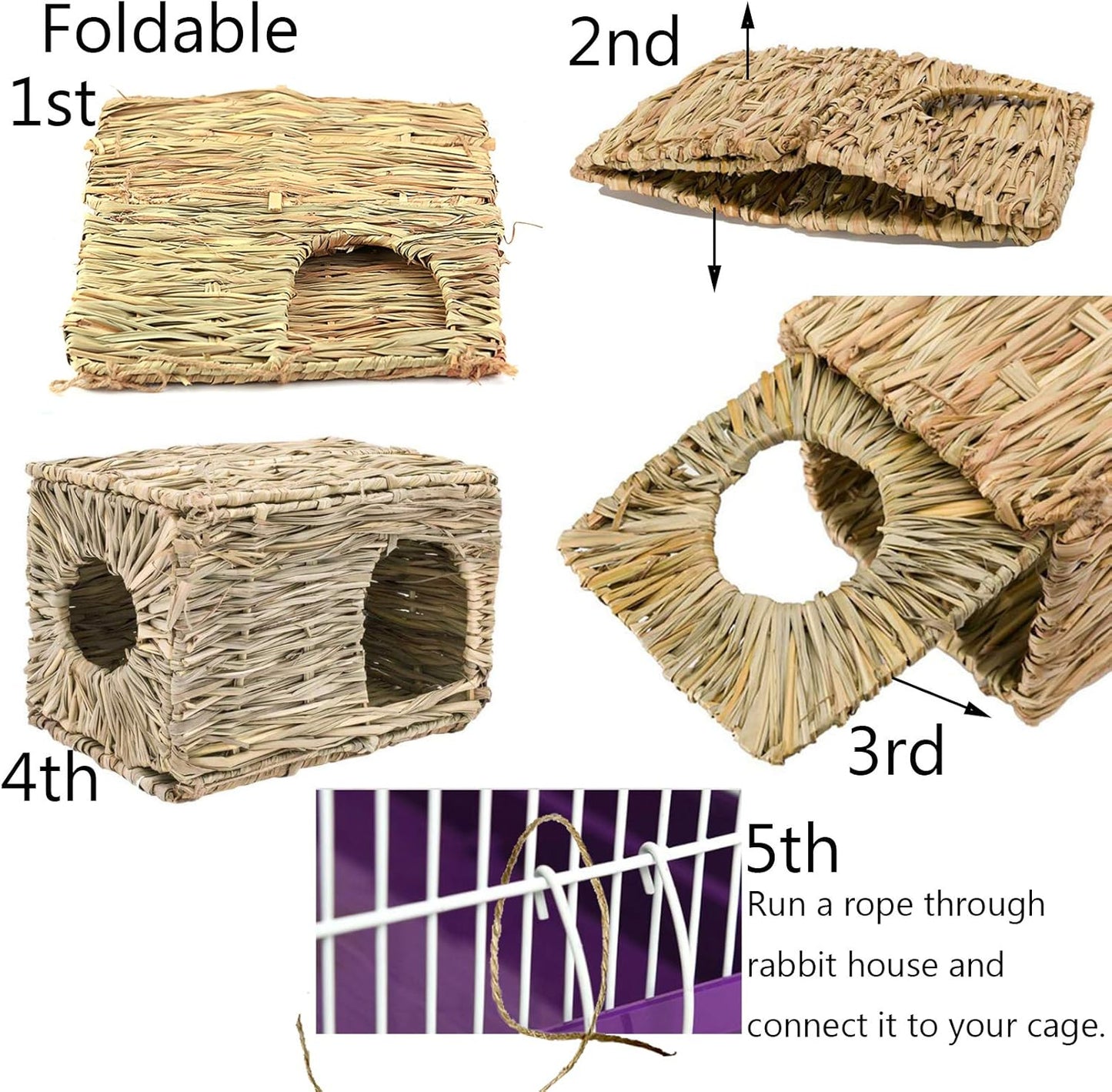 Hamiledyi Bunny Grass House with 2 Grass Mat and Play Balls Foldable Toy Hut for Rabbit, Squirrels, Guinea Pigs Play and Sleep Edible Grass Hideaway