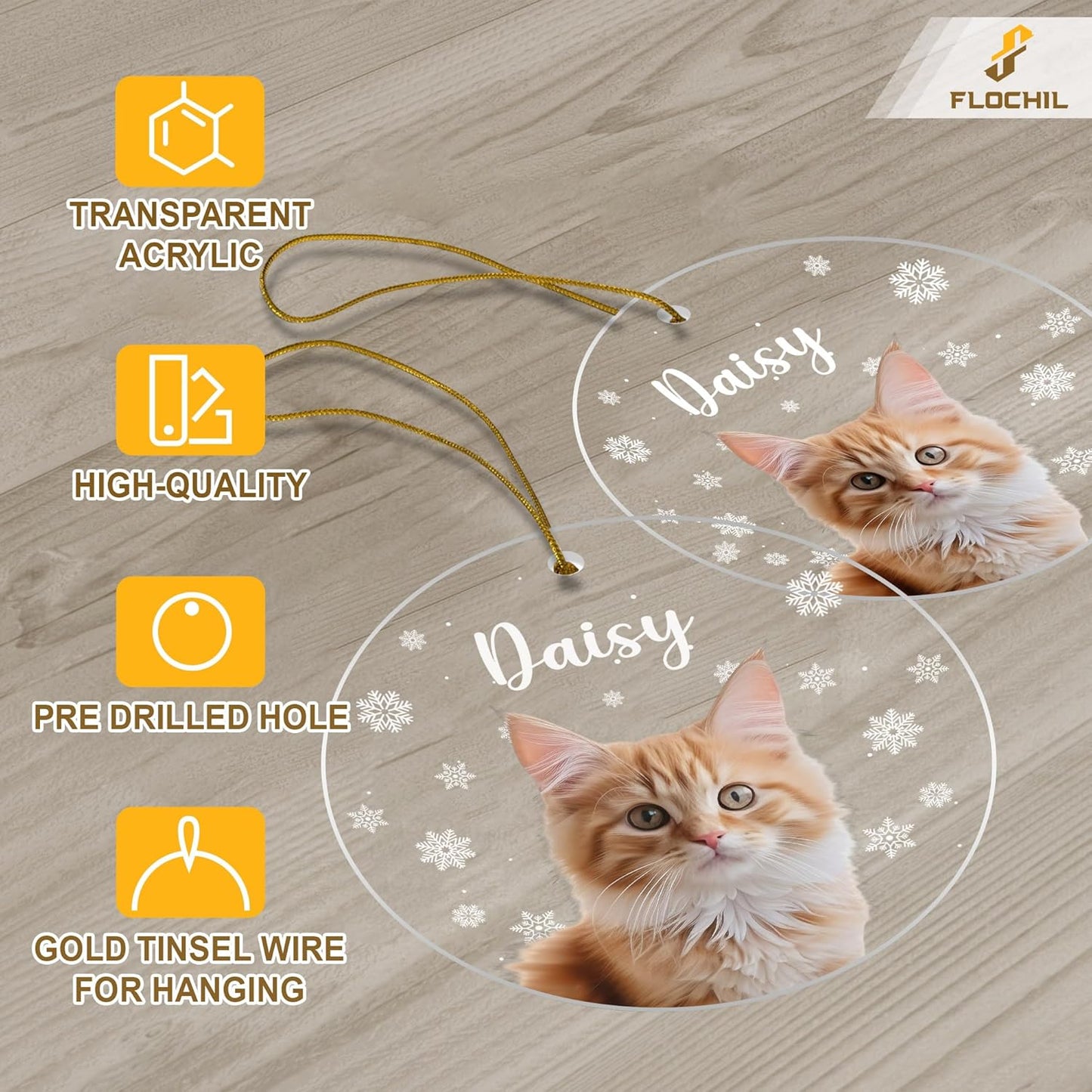 FLOCHIL Personalized Cat Christmas Ornaments Custom Photo Name for Christmas Trees, Cat First Christmas Ornaments, Gifts for Pet Lovers Acrylic Ornament