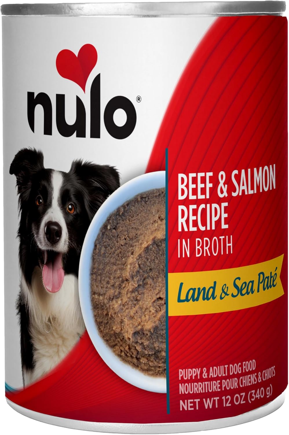 Nulo Land & Sea for Adult Dogs & Puppies Beef & Salmon Recipe in Broth 12 Ounce Cans, Pack of 5