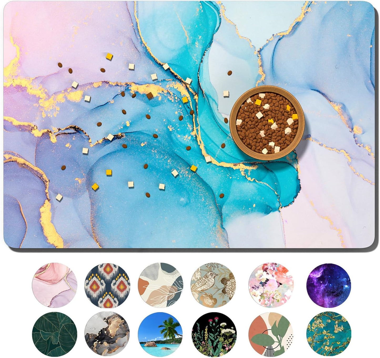 Dog Food Mat, 12" x 19" Marble Absorbent Dog Cat Bowl Mat for Food and Water, Cute Anti-Slip Rubber Pet Feeding Rug Protect Floors, Placemat for Feeding & Watering Supplies, Blue