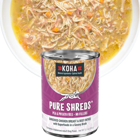 KOHA Pure Shreds Chicken and Beef Entrée for Dogs, 12.5oz Cans (Pack of 12)