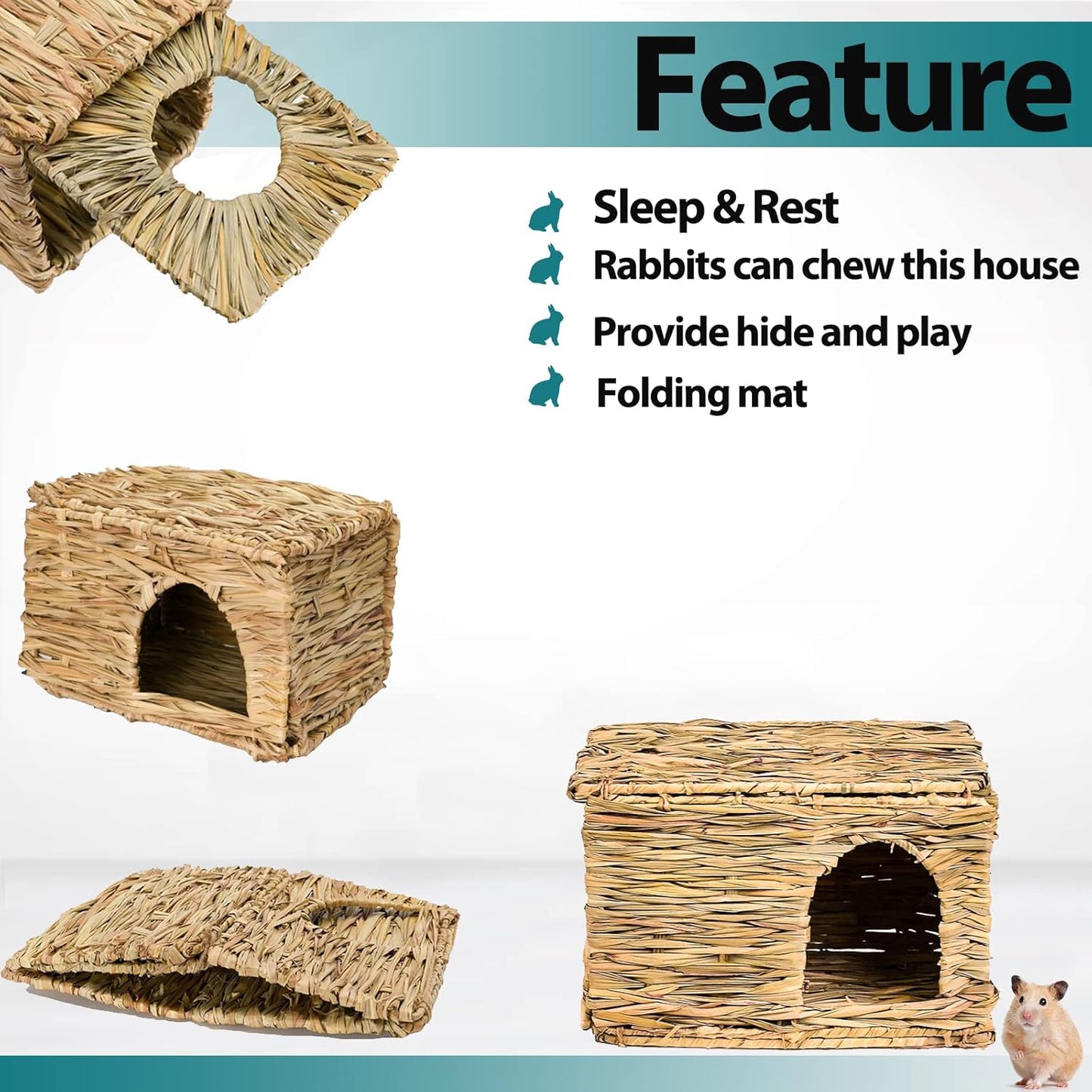HERCOCCI Extra Large Grass House for Rabbit, Foldable & Comfortable - Small Animal Hut Play Hideaway Bed Hay Mat Chew Toy for Bunny Guinea Pig Hamster Chinchilla (2 Pack)