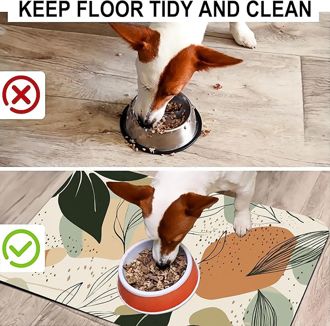 Abstract Boho Leaves Dog Food Mat-Absorbent Pet Feeding Mat for Food and Water Bowl, Quick Dry Dog Placemat with Rubber Backing-No Stains Pet Supplies for Messy Drinkers 16"x24"