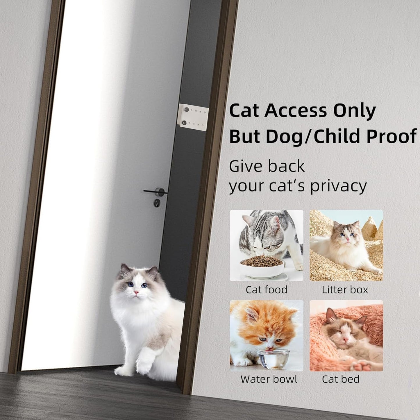 Cat Door Latch, Door Prop for Cats Keep Dogs Out of Cat Feeding Station & Litter Box, Cat Door Stopper with Silicone Anti-Collision Pad, Pet Door Interior Door Alternative, Steel White