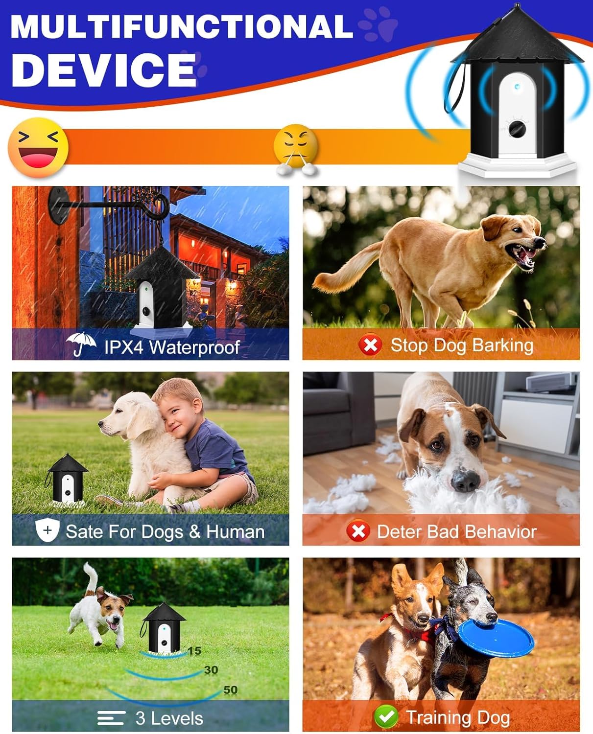 Anti Barking Device, 50FT Dog Barking Control Device, Ultrasonic Dog Bark Deterrent Bark Box Pet Behavior Training 3 Level Barking Dog Silencer Stop Neighbors Dog from Bark Outdoor/Indoor