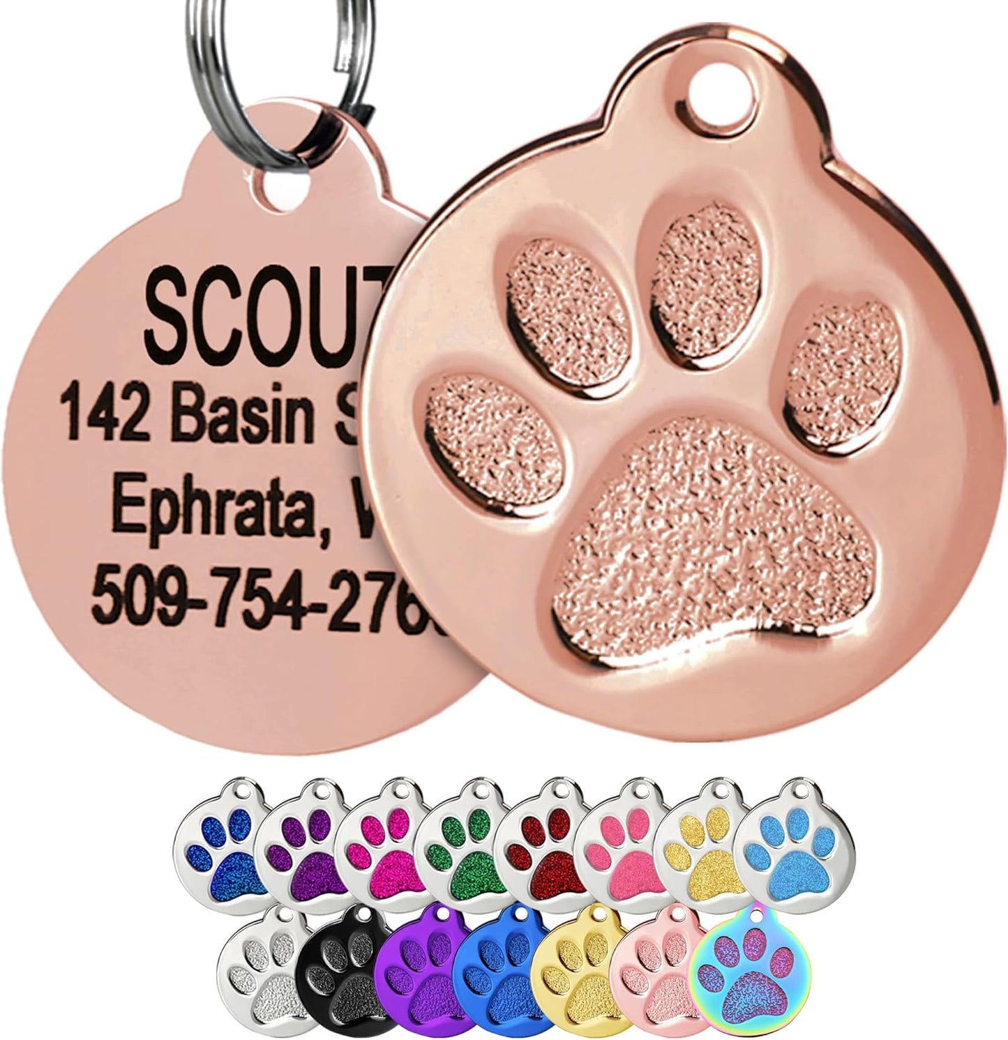 GoTags Paw Print Round Stainless Steel Pet Tag for Dogs and Cats, Personalized with 4 Lines of Custom Engraved ID Name and Number, in Stainless Steel and 15 Colors Small and Large, Rose Gold