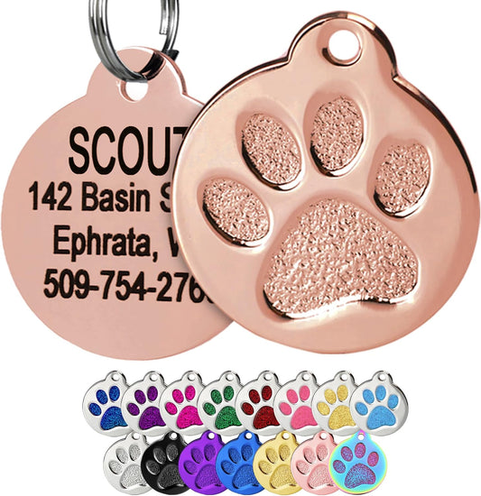 GoTags Paw Print Round Stainless Steel Pet Tag for Dogs and Cats, Personalized with 4 Lines of Custom Engraved ID Name and Number, in Stainless Steel and 15 Colors Small and Large, Rose Gold
