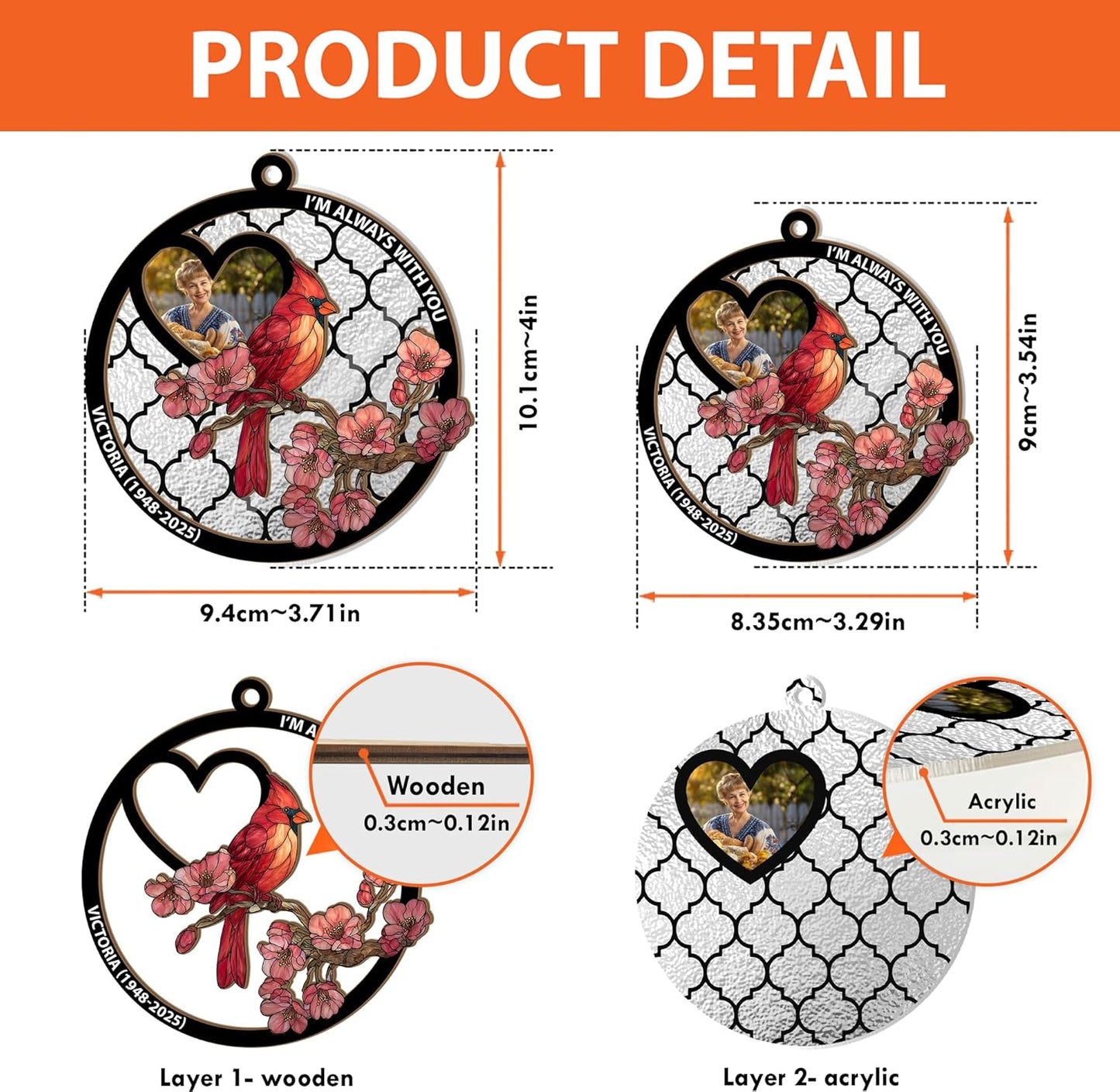 Personalized Cardinal Window Suncatcher Memorial Ornament – Custom Photo Remembrance Gift with Cherry Blossoms, “I’m Always with You” Quote – Cardinal Suncatchers for Windows, Car Mirror, or Display