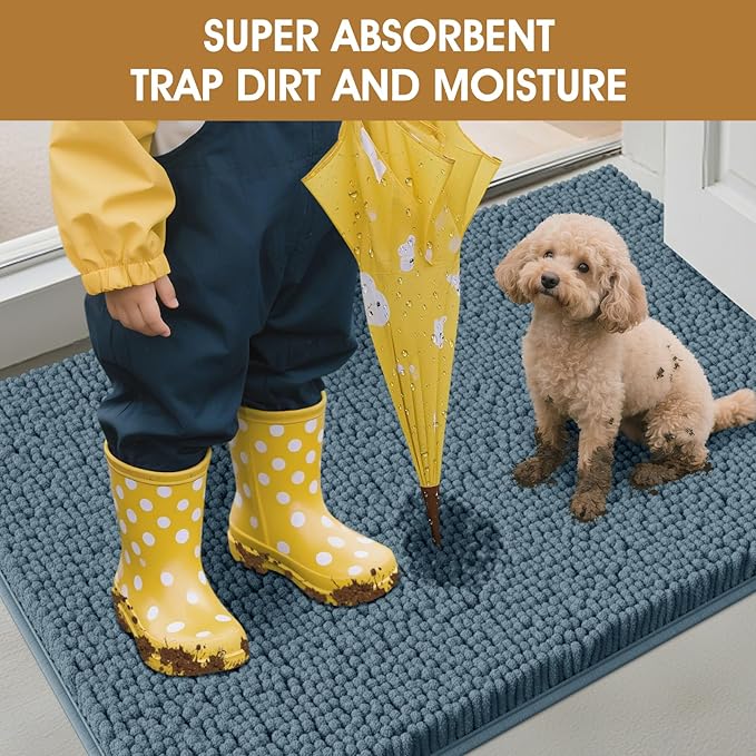 Extra Large Dog Door Mats for Muddy Paws, Chenille Absorbent Dog Mats, Non Slip Heavy Mud Mat for Dogs, Soft Pet Mat for Entryway, Mud Paws, Inside Floor,60" x 36", Dusty Blue