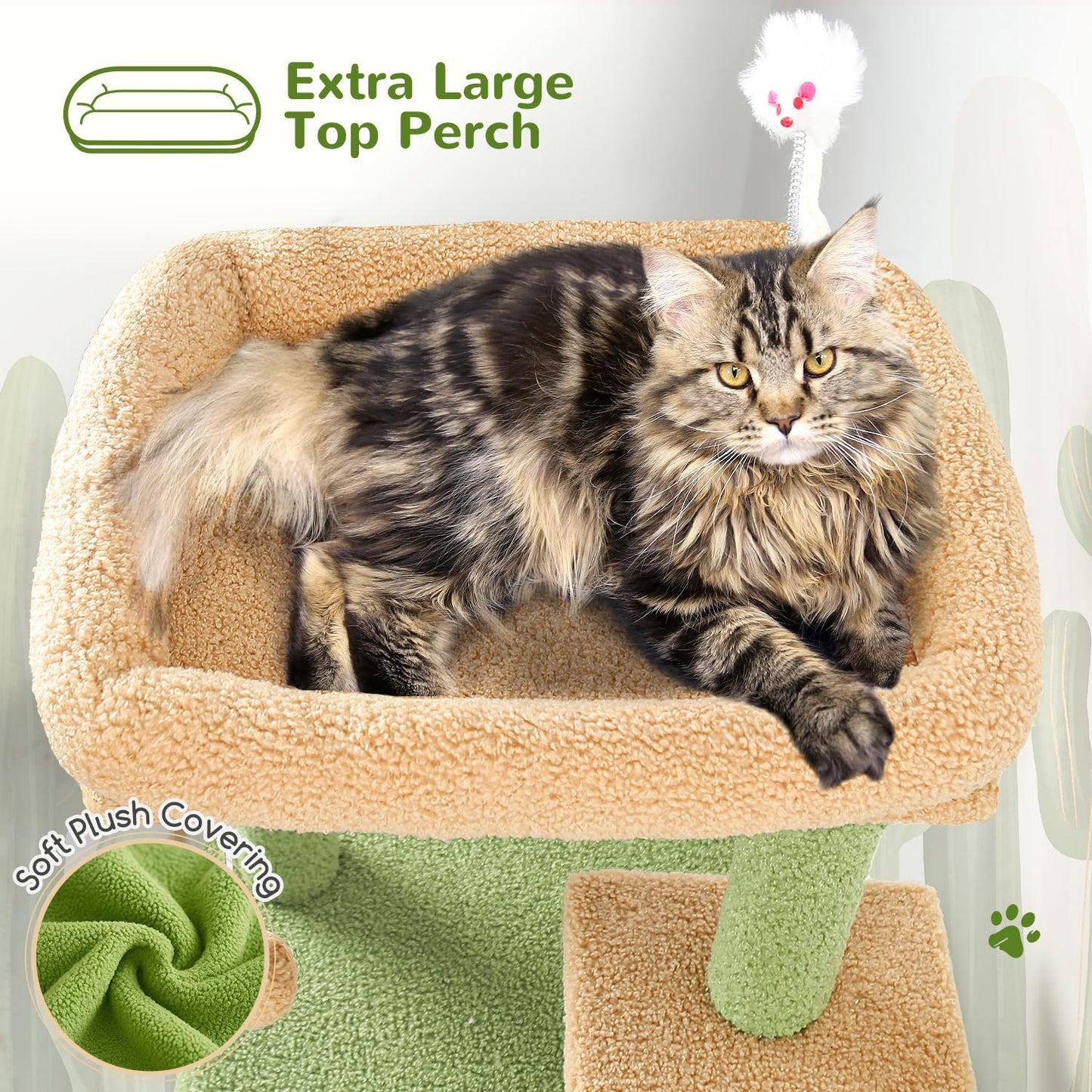Globlazer Cactus Cat Tree Tower for Indoor Cats, 50-inch Adult Cat Tree House for Large Adult Cats with Steps, Scratching Post, 2 Cat Caves, Dangling Toys, FC50, Green