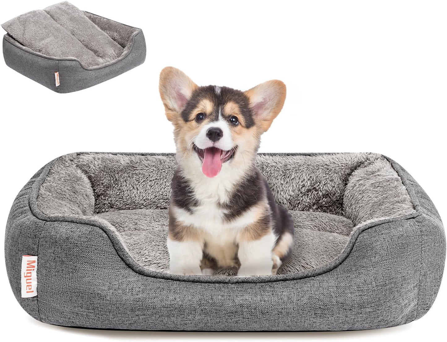 Miguel Faux Linen Dog Bed with Removable Cushion Pillow for Medium Small Dogs, Washable Pet Bed with Side Easy to Wash Puppy Bed, Rectangle Cat Bed for Indoor Cat with Anti-Slip Bottom, Gray 20 Inch