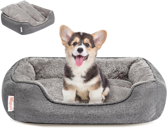 Miguel Faux Linen Dog Bed with Removable Cushion Pillow for Medium Small Dogs, Washable Pet Bed with Side Easy to Wash Puppy Bed, Rectangle Cat Bed for Indoor Cat with Anti-Slip Bottom, Gray 20 Inch