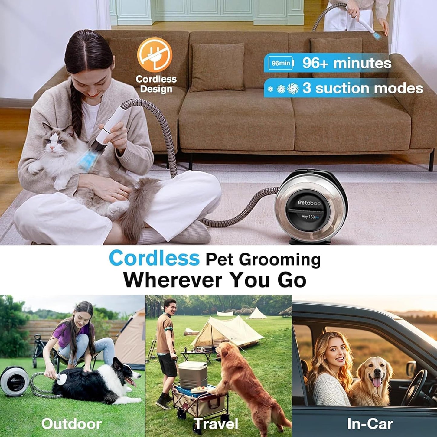 Cordless Dog Grooming Vacuum, Pet Grooming Vacuum with Clipper Nail Grinder,2.2L Dust Cup,Dog deshedding Vacuum Brush with 5 Pet Grooming Tools for Shedding Pet Hair,Home Outdoor Cleaning