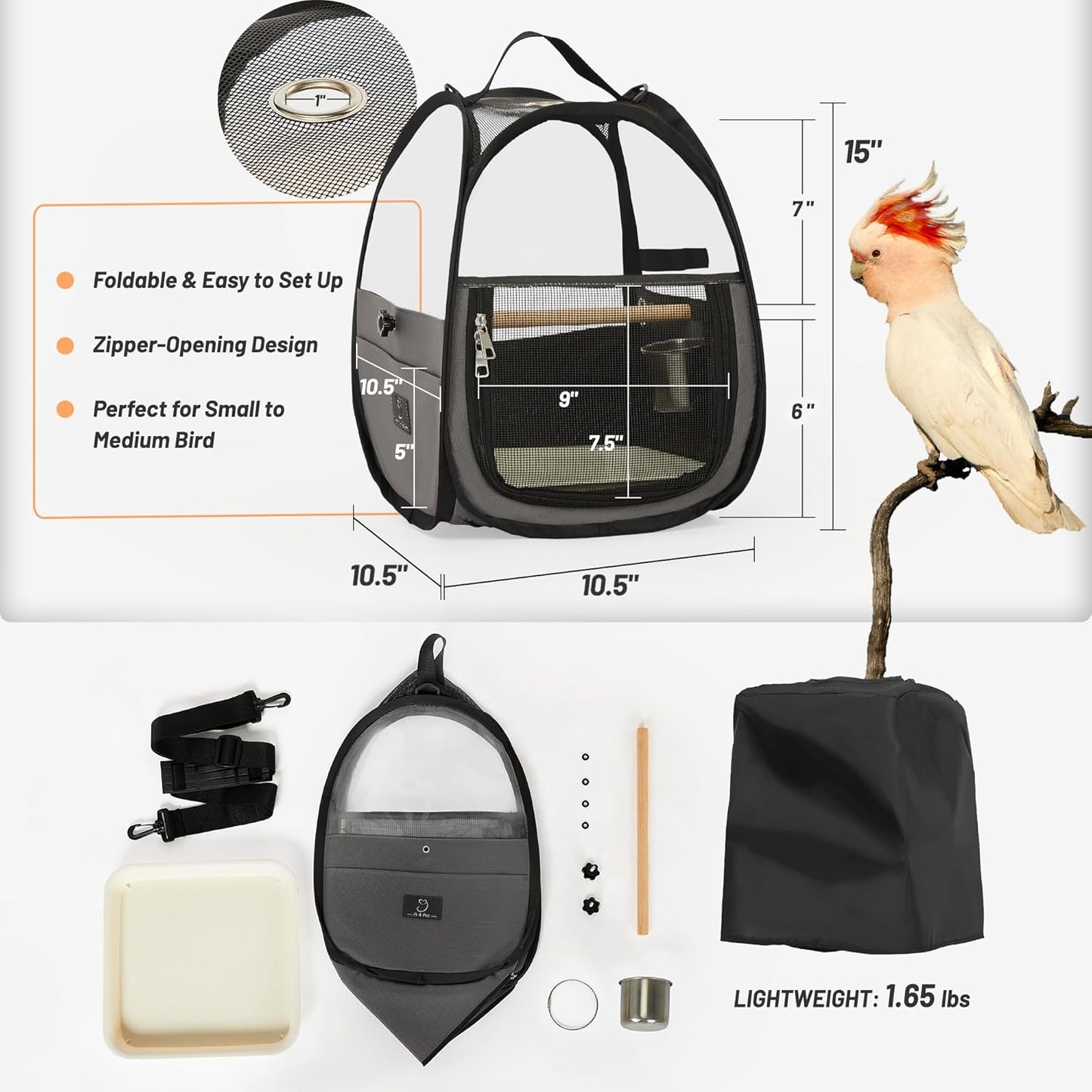 A4Pet Bird Carrier for Travel - Small Bird Travel Cage, Bird Bag with Stand, Tray and Feeding Cup, Portable and Lightweight for Small Animal Carrier