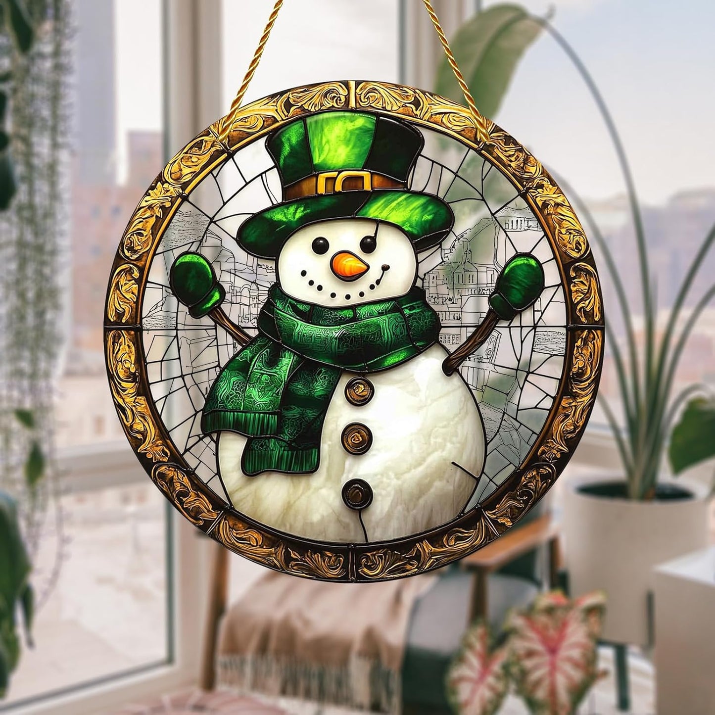 8x8 inch Charming Chrismas Snowman Acrylic Stained Glass Window Hanging Sun Catcher Decor Stained Panel Hangings Wall Art Decor, for Friends and Family (Snowman)