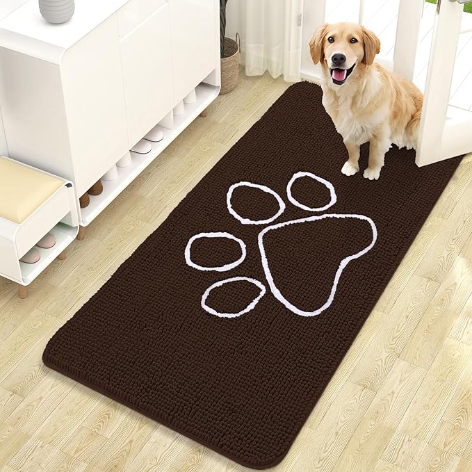 OLANLY Door Mat for Muddy Dog Paws 47x24, Ultra Absorbent Chenille Mud Doormat with Paw Print Design, Non-Slip Washable Doormat for Indoor Entryway, Quick-Dry Pet Bed Mats for Dirty Dogs, Brown