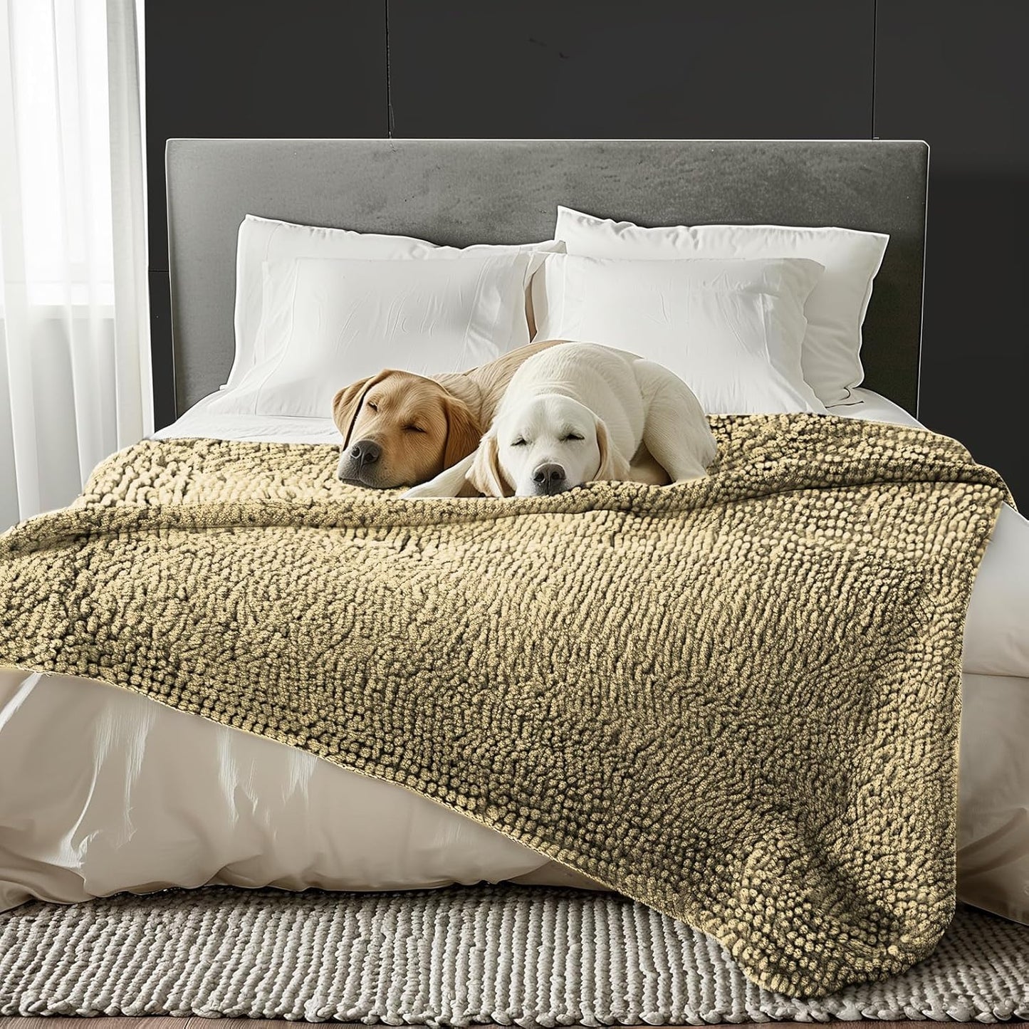 Muddy Mat® Dog Blanket - Chenille Water Absorption Blanket for Bed & Couch Cover for Dogs Washable, Anti-Slip Soft and Durable Furniture Protector for Dogs - Beige 52"x72"