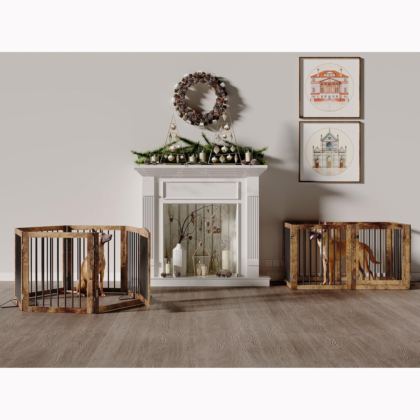 Vantas Folding Pet Gate 144" Wide, 30" Tall No-Assembly Wooden Dog Gate with Door Walk Through, Freestanding Pet Gate, Puppy Safety Fence, with 2PCS Support - Rustic Brown