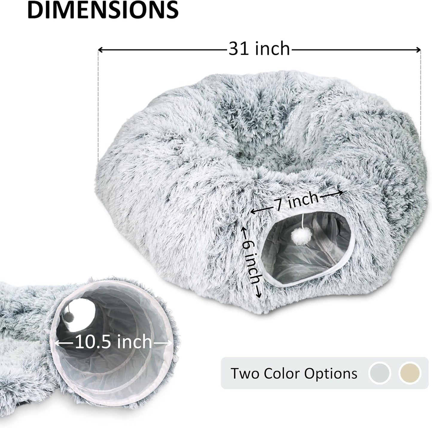 Cat Donut Bed with Washable Cushion – Cat Caves for Indoor Cats – Collapsible Donut Bed with Peekaboo Pet Tunnel Toy – Cozy Hideout for Kittens, Ferrets, Rabbits & Dogs - Grey