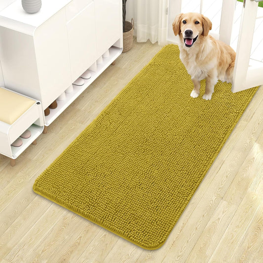 OLANLY Dog Door Mat for Muddy Paws 44x24, Absorbs Moisture and Dirt, Absorbent Non-Slip Washable Doormat, Quick Dry Chenille Mud Mat, Entry Indoor Entryway Carpet for Inside Floor, Mustard Yellow