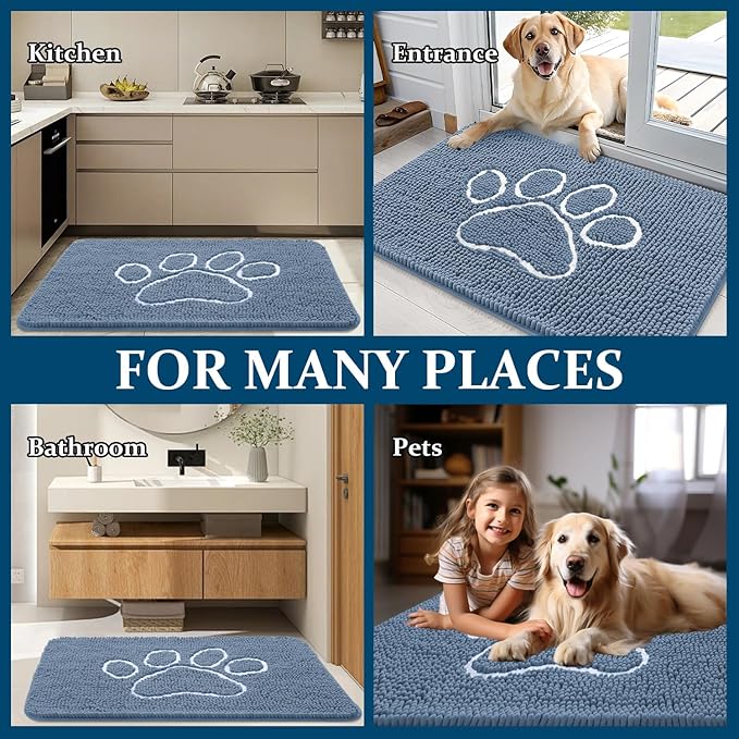 OLANLY Door Mat for Muddy Dog Paws 30x20, Absorbent Chenille Doormat with Paw Print Design, Non-Slip Washable Doormat for Indoor Entryway, Quick-Dry Pet Bed Mats for Dirty Dogs, Airy Blue and White
