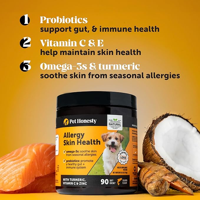 Allergy Skin Health - Allergy Itch Relief, Fish Oil for Dogs, Probiotics for Healthy Skin, Shiny Coats, Helps Reduce Normal Shedding, Soft Chews for Healthy Skin & Coat - 90 Ct (Salmon)