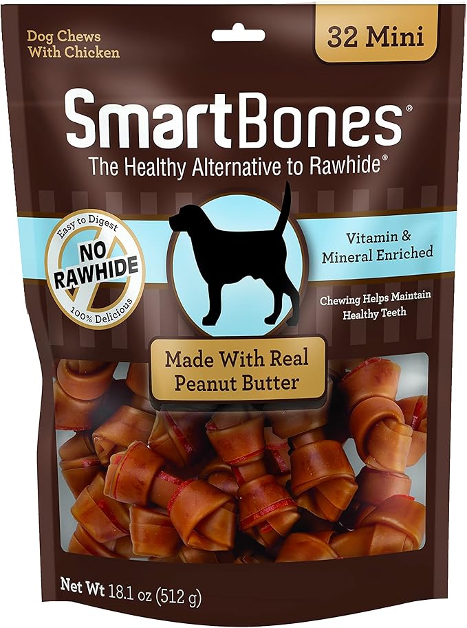 SmartBones Mini Chews With Real Peanut Butter 32 Count, Rawhide-Free Chews For Dogs