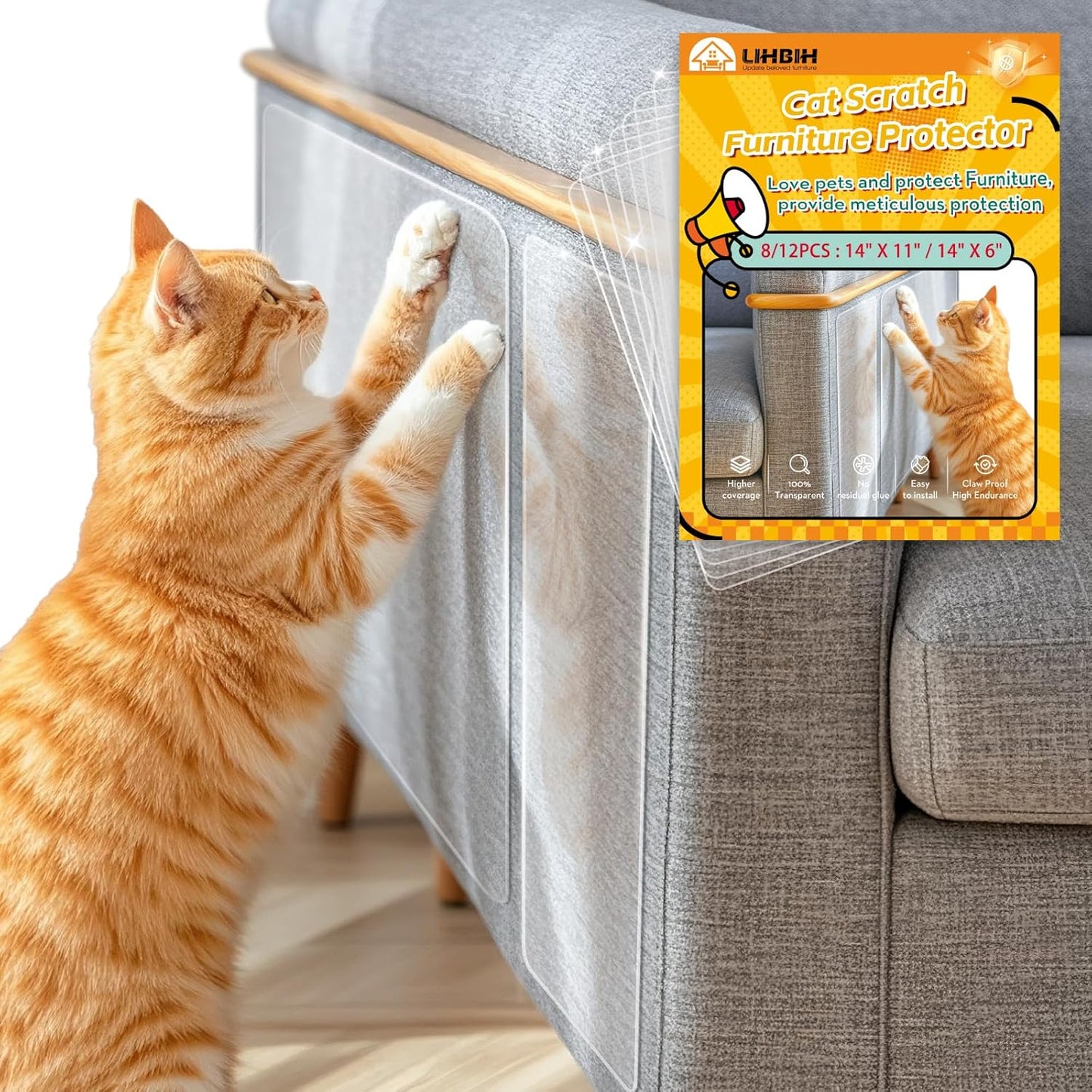Anti Cat Scratch Furniture Protector, 12 Pcs Self-Adhesive Couch Protector for Cat Claws, Heavy Duty Couch Cover Furniture Protectors from Cats Scratching Tape for Sofa, Corner, Door, Chair