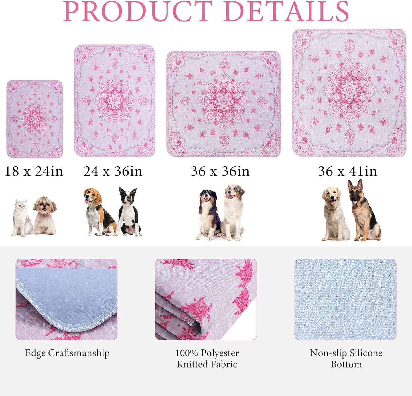 Homimp Washable Pee Pads for Dogs, 2 Pack Reusable Puppy Pads Waterproof, Absorbent and Leakproof Dog Pee Pads, Non Slip Puppy Training Pads, Pet Mat for Floor,Crate,Couch,Whelping,Pink, 24"x36"