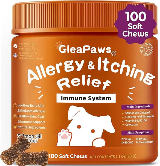 Dog Allergy & Itch Relief Supplement - Salmon Oil Omega-3, Omega-6, Vitamin B1/B2/B6, Colostrum Probiotics for Seasonal Allergy, Hot Spots, Paw Licking, 100 Chews, Store in Dry Place