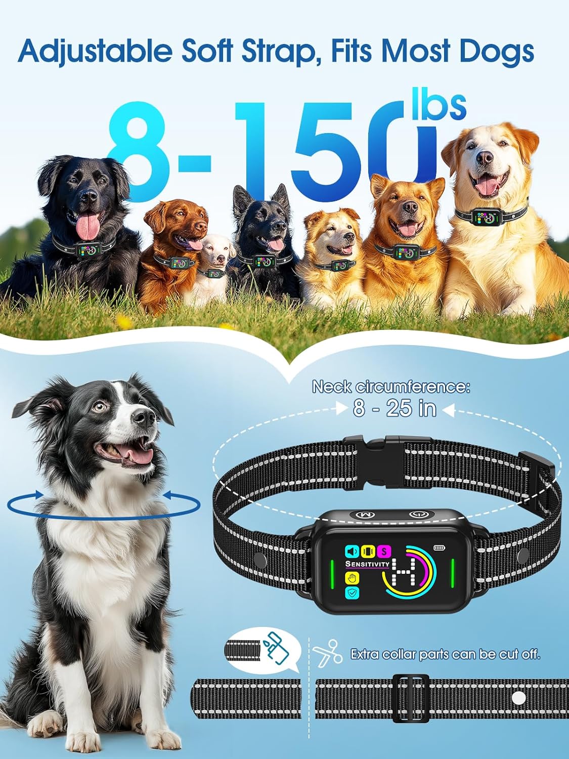 DINJOO Dog Bark Collar for Large/Medium/Small Dogs | Rechargeable Smart AI Anti-Barking Training Collar with 8 Adjustable Sensitivity, Beep & Vibration Modes | Solves Excessive Barking - Dark Black