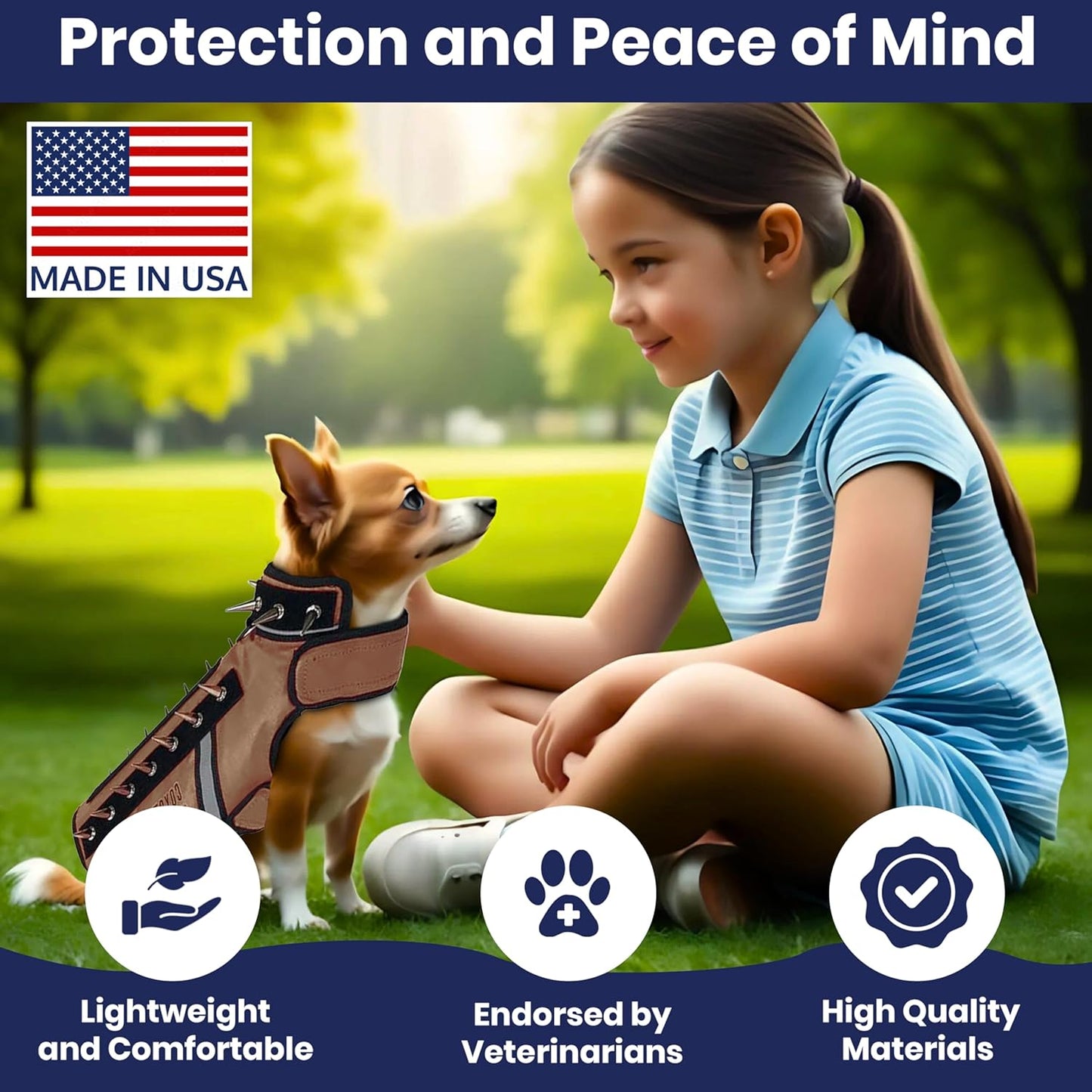 CoyoteVest SpikeVest Dog Harness Vest for Small Dogs, Reflective Dog Vest with Spikes to Shield Your pet from Coyotes, Raptor and Animal Attacks, Anti Hawk Vest, Made in USA (L-Texas Tan)